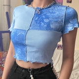 Amozae- Women Tie Dye Cropped Top Ruffle Frill Short Sleeve Tops Patchwork T-Shirts Round Neck Casual Tees Party Summer Clothes