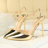 Amozae-Women 10.5cm High Heels Gold Sandals Lady Shiny Leather Stripper Strap Sandles Female Wedding Bridal Prom   Fetish Red Shoes