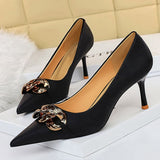 2021 New Autumn Elegant Women Metal Apricot Leather Pumps Black Pointed Toe Pumps Thin High Heels Pumps Ladies Valentine Shoes