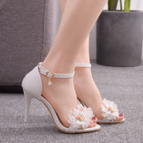 Amozae-  New White Flower Dance Shoes High Heels Women   Show Sandals Ladies Party Club Shoes Wedding New Female Dress Shoes H0043