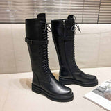 Amozae  genuine leather lace up med heels round toe punk superstar equestrian boots buckle fasteners over-the-knee boots l35