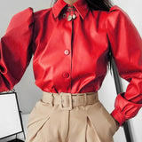 Amozae-- Turn-Down Collar Casual Streetwear Woman Fashion Button Brown Leather Blouse Shirt Puff Long Sleeve Tops And Blouse 1117