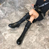 Amozae  genuine leather lace up med heels round toe punk superstar equestrian boots buckle fasteners over-the-knee boots l35