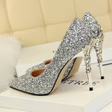 Amozae-2024 Women 10cm High Heels Fetish Pumps Lady Glitter Metal Carving Wedding Bridal Heels Bling Luxury Design Party Scarpins Shoes