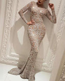 Amozae- Women Long Sleeve Gown Mermaid Tail Sequin Evening Dress   Maxi Floor Length Sheath Sparkling Elegant Lady Evening Dress