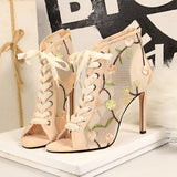 Amozae Women Fetish Stripper Sandals Ankle Boots Gladiator 10.5cm High Heels Lace Up Prom Peep Toe Embroider Summer Blue Shoes