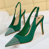 2021 Women Crystal 9.5cm High Heels Sandals Wedding Green Stripper Cap Toe Stiletto Heels Slingback Sandles Satin Silk Red Shoes