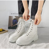 Women Mid Calf Boots Ladies PU Leather Shoes Woman Lace up Fashion Thick Bottom Motorcycle Long Boots Female Non Slip Spring New