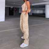 Amozae-  Vintage Khaki Wide Leg Cargo Jeans High Waist Big Pockets Baggy Denim Trousers Casual Oversized Pants Street Sweatpants