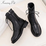 Amozae-krazing pot Internet popular leisure lace up cow leather boots round toe med heels keep warm women side zip mid-calf boots L89