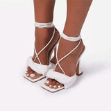 Women   Sandals High Heels Snakeskin Ladies Fashion Shoes Summer Pumps Buckle Strap PU Square Toe Woman Stiletto Plus Size