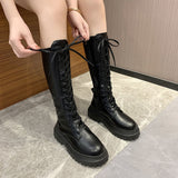 Amozae  Women Spring Pu Leather Knee High Boots Women Punk Long Female Lace Up Cuissarde Femme2022 Zip Black Ladies Shoes Chelsea Boots