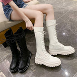Women Mid Calf Boots Thick Platform Lace Up Sock Shoes Female Stretch Knitted Boot Fashion Ladies Shoe 2021 Autumn Winter