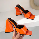 2021 Women Design 10cm High Heels Slides Mules Summer Peep Toe Patent Leather Green Yellow Thick Block Heels Slippers Party Shoe 06-23