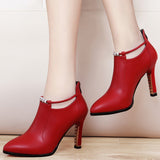 Amozae-2024new Winter Boots Women Shallow Round Toe Red Women's Boots Thin Heels Zip Ankle Boots Pu Leather Zapatos De Mujer