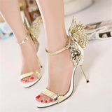 Luxury Women 10cm High Heels Fetish Leather Sandals   Metal Butterfly Summer Shoes Lady Gold Stiletto Party Valentine Sandles