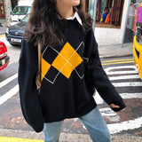 Amozae Knitted Sweaters Women Casual Pullover Fashion Argyle Sweater Winter College Style Loose Top Woman Jumper Sueter De Mujer