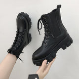 Christmas Gift Fashion Motorcycle Boots Wedges Flat Shoes Woman High Heel Platform PU Leather Boots Lace Up Women Shoes Black Boots Girls