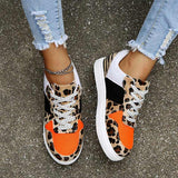 New Women Leopard Vulcanized Shoes Female Sneaker Lace-Up Flat Comfort Faux Fur Shallow Leisure Ladies Footwear Zapatos De Mujer