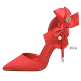 Amzoae   Elegant Women10cm/7.5cm Pencil Heels Pumps White Butterfly Knots Pumps Red Pearl Satin Pumps Ladies Wedding Plus Size Shoes