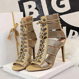 Women Fetish Stripper Sandals Ankle Boots 10cm High Heels Lace Up Gladiator Peep Toe Summer Gold Silver Quality   Shoes