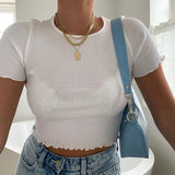 Shestyle Ruffles Short Sleeve Crop Tops Women   New Trend O Neck Plain Solid   Skinny T Shirts Summer Autumn Basic Tees