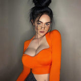 Amozae-   Women Low Cut Shirts Female Pullover Solid Deep V-neck Long Sleeve Crop Tops Short Elastic Shirts Blouses-0505