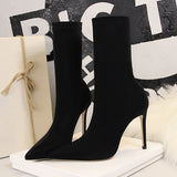 Amozae-2024 Women 10cm High Heels Silk Sock Boots Female Green Short Ankle Boots Lady Stripper Winter Pointed Toe Gothic Designer Shoes