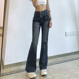 Amozae-- Casual Vintage  Black Jeans Women 2000S Aesthetic Skinny Flared Pants Capris With Belt Fashion Korean Trousers