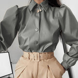 Amozae-- Turn-Down Collar Casual Streetwear Woman Fashion Button Brown Leather Blouse Shirt Puff Long Sleeve Tops And Blouse 1117