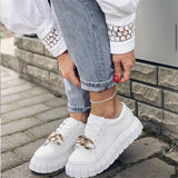 Amozae  Fashion White Sneakers Women 2022 Spring New Ladies Comfy Lace Up Casual Shoes With Chain 36-43 Large-Sized Female Sport Flats