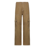 Amozae-  Vintage Khaki Wide Leg Cargo Jeans High Waist Big Pockets Baggy Denim Trousers Casual Oversized Pants Street Sweatpants