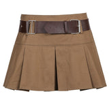 Amozae Casual Brown Pleated Mini Skirt Ladies High Waisted Short Skirts Womens With Belt Korean Fashion 90S Summer Street