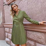 Amozae Elegant v-neck A-line pleated midi dress women green Office long sleeve belt blazer dresses Casual female vestidos 2021