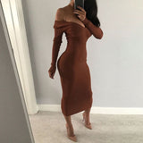 Amozae  Spring Autumn   Deep V-Neck Casual Knitted Dress Women Fashion Long Sleeve Sweater Dresses   Package Hip Long Dress