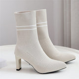 Women Sock Boots Fetish Stripper Stretch Ankle Boots Lady Knitting Winter Low 7.5cm High Heels Slip On   Jeans Red Shoes