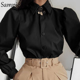 Amozae Turn-Down Collar Casual Streetwear Woman Fashion Button Brown Leather Blouse Shirt Puff Long Sleeve Tops And Blouse