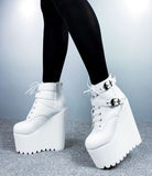Amozae 2022 Wedges Ankle Boots White Black Rubber Sole Shoes Platform Boots Women Lacing Autumn Platform Heels Shoes Heel 16 cm