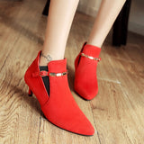Amozae Low Heel Ankle Boots Shoes Woman Boots Fashion Pointed Toe Flock Short Boot Buckle Female Footwear Red Green Large Size 46 48
