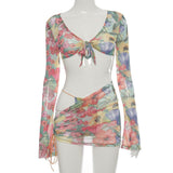 Amozae Floral Print   Bikini Set Women Long Sleeve 2 Piece Swimsuit And Skirts Cover Up   Beach Wear Swimwear Bathing Suit