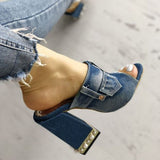 Amozae High Heels INS Fashion Denim Mules Slip On Slipper Square High Heels Pocket Decoration Shoes Women Summer Sandals Pumps