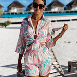 Amozae 2Pcs Beach Styles Satin Sets Women Fashion Scenery Pattern Button-Down Shirts And Shorts 2022 New Summer Casual Sets