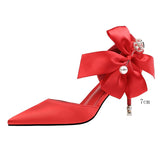 Amzoae   Elegant Women10cm/7.5cm Pencil Heels Pumps White Butterfly Knots Pumps Red Pearl Satin Pumps Ladies Wedding Plus Size Shoes