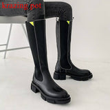 krazing pot 2021 cow leather round toe riding boots slip on keep warm art design handsome thick med heels winter knee-high boots