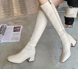 Amozae-Women's Knee High Long Boots Soft PU Leather Shoes Square Mid Heels Ladies Fashion Booties Autumn Winter Female Thigh High Boots