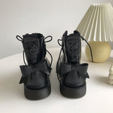 QWEEK Women Kawaii Bow White Black Martens Boots Short New Autumn Winter Platform Lace-up Mid Calf Lolita Shoes Rubber Fashion