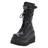 Amozae- High Heels Women Shoes Boots Gothic Style Mid Calf Boots Big Size 43 Chunky Platform Fleeces Cool Street Style Wedges