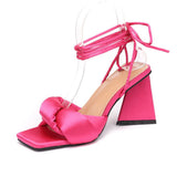 Christmas Gift Ladies Square Toe Bow Knot Sandals For Women Lace Up High Strang High Heel Shoes Woman Ankle Strappy Fashion Elegant Summer Sale
