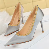2021 Fashion Women 9.5cm High Heels Shoes Green Rivets Office Satin Silk Pumps Lady Scarpins Plus Size 34-43 Quality Party Shoes