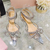 2022 Women 9cm High Heels Sandals Lady Crystal Glitter Satin Silk Sandles Summer Wedding Bridal Designer Transparent Pink Shoes